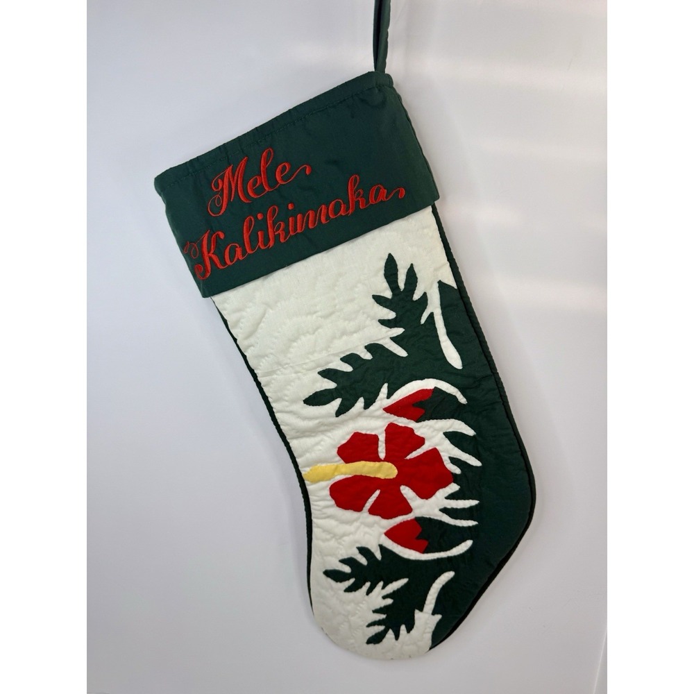 Hawaiian‎ CHRISTMAS STOCKING 100% hand quilted/appliquéd Red Hibiscus Green 20"